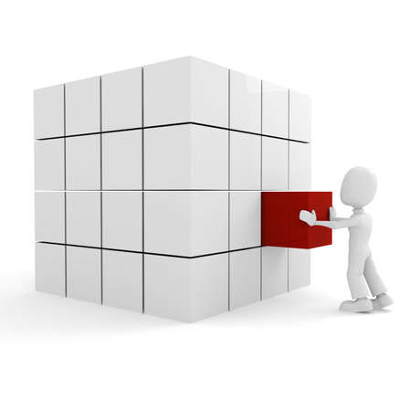 3d man pushing a puzzle pieces into its placeの写真素材