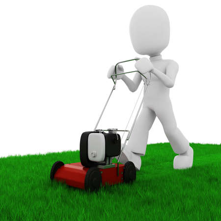 3d man cutting the grass with a push  lawn mowe