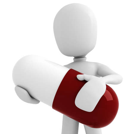 3d man and a pill, isolated on whiteの写真素材