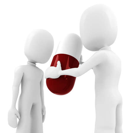 3d man and a pill, isolated on whiteの写真素材