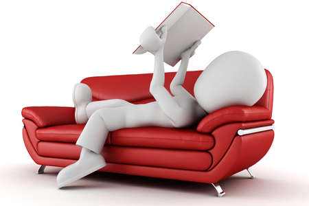 3d man sitting on a couch reading a bookの写真素材