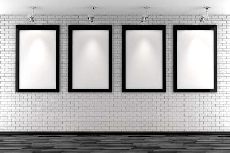 3d blank frames on a white brick wallの写真素材