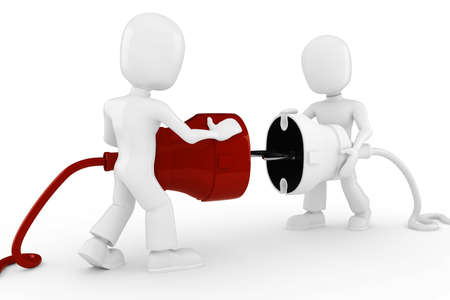 3d man connecting a cable, isolated on whiteの写真素材