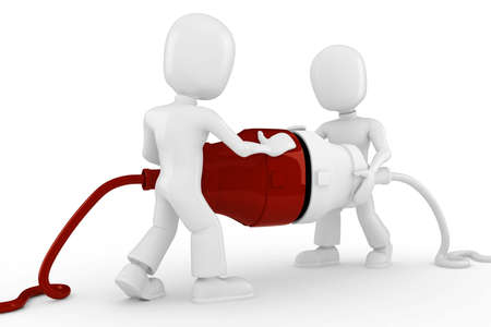 3d man connecting a cable, isolated on whiteの写真素材