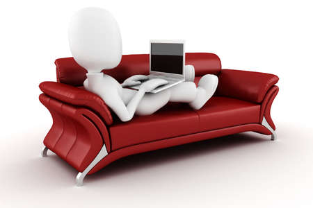 3d man with laptop sitting on a red sofaの写真素材