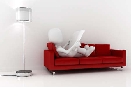 3d man reading the newspaper in a red sofaの写真素材