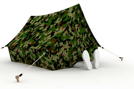 3d man camper, sleeping in a tent, isolated on whiteの写真素材