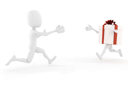 3d man and present box running toward each other  の写真素材