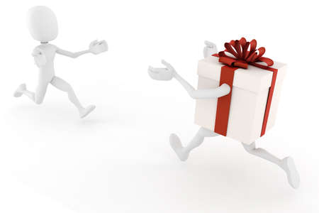 3d man and present box running toward each other  の写真素材