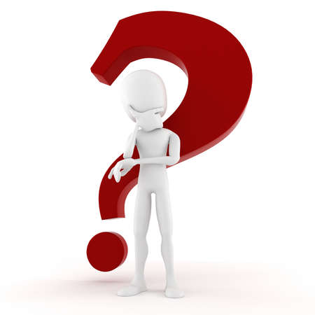 3d man thinking at  something, with a big red question mark behidf himの写真素材