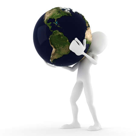 3d man holding the earth, isolated on whiteの写真素材