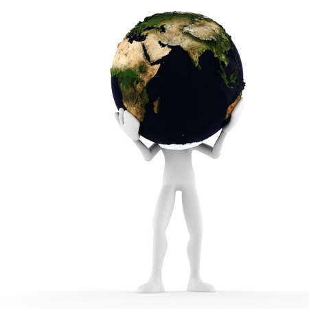3d man holding the earth, isolated on whiteの写真素材