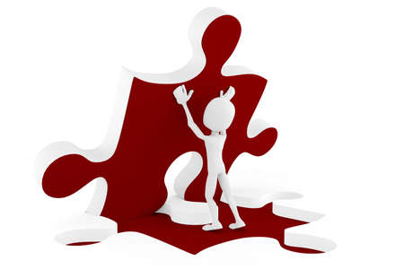 3d man pushing a puzzle pieceの写真素材