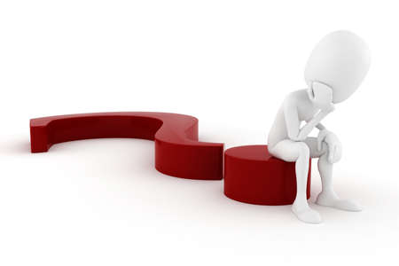 3d man sitiing on a big red question markの写真素材