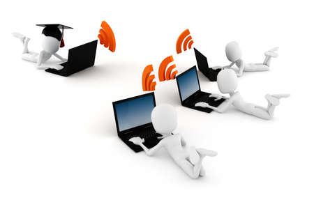 3d man e-learning, on white backgroundの写真素材