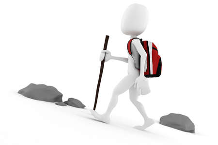 3d man tourist with a big red backpack climbing on a mountainの写真素材