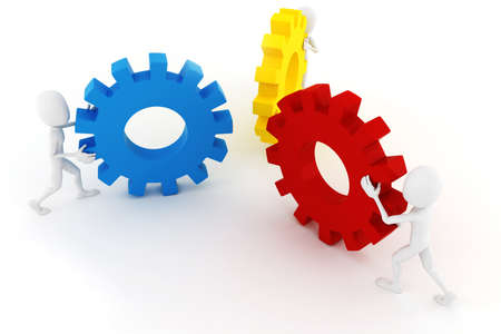 3d man pushing ghear wheelsの写真素材