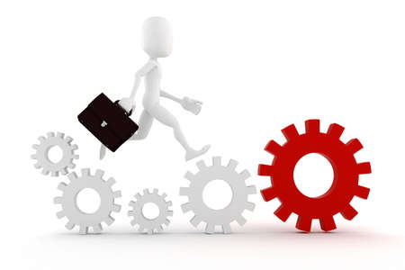 3d man business man running on some colorful wheel gearsの写真素材