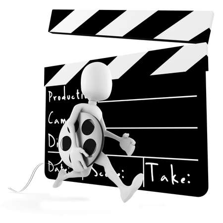 3d man running infront of a big movie clipperの写真素材