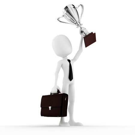 3d man winner holding a big shiny tropthyの写真素材