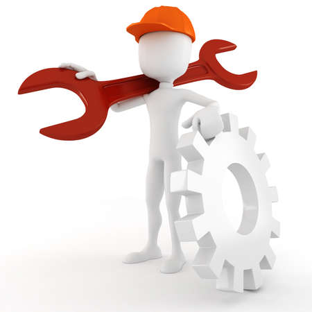 3d man worker holding a big wrench, isolated on white backgroundの写真素材