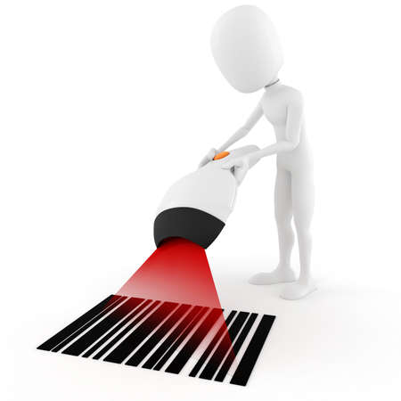 3d man holding a bar code scanner, on white background