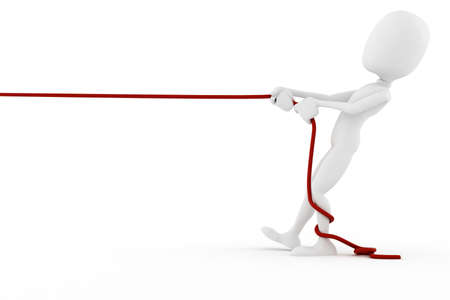 3d man pulling a rope, on white background