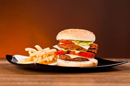 Fast food tasty hamburger and franch friesの写真素材
