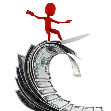 3d man surfing on moneyの写真素材