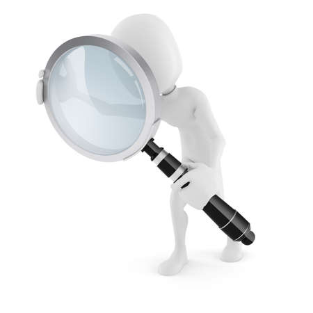 3d man with a big magnifying glass, on white backgroundの写真素材