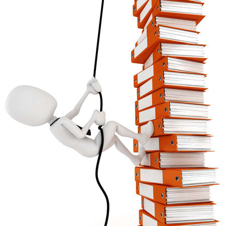 3d man businessman climbing a pile of documentsの写真素材