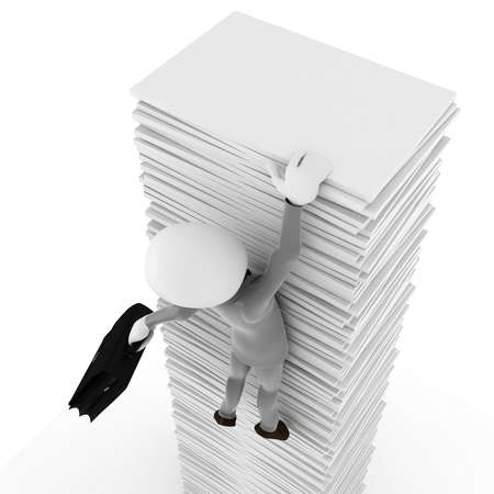 3d man hanging of documents, on white backgroundの写真素材