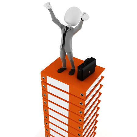 3d man businessman happy on a pile of blank documentsの写真素材