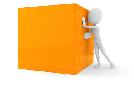 3d man pushing a cube, on white background
