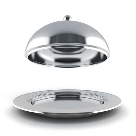 3d silver restaurant cloche on white backgroundの写真素材