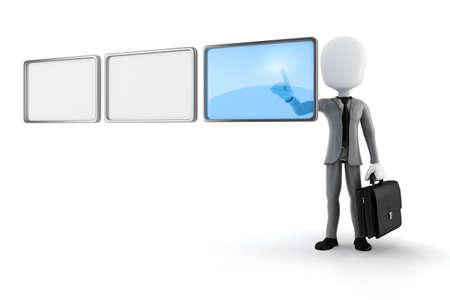 3d man pushing on a virtual screen の写真素材