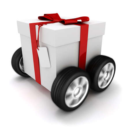 3d present box with red bow on wheelsの写真素材