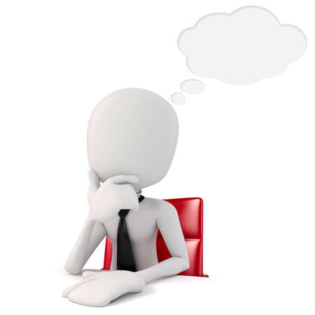 3d man businessman sitting at a desk, on white background の写真素材