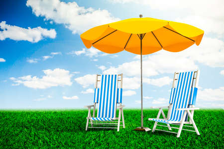 Sun loungers and umbrellaの写真素材