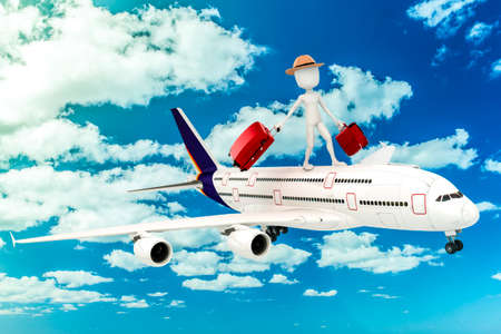 3d man tourist and plane, vacation metaphor