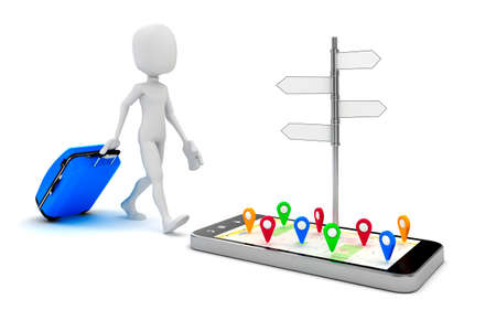 3d man tourist and mobile phone navigation の写真素材
