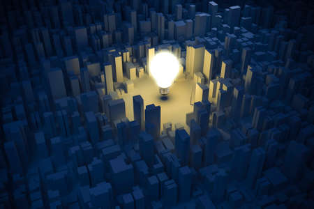 3d image of light bulb and city, green energy  conceptの写真素材