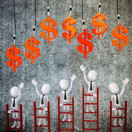 3d man on ladder trying to catch money from aboveの写真素材