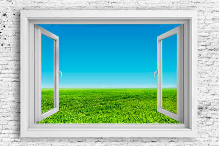 3d window frame with beautiful blue sky backgroundの写真素材