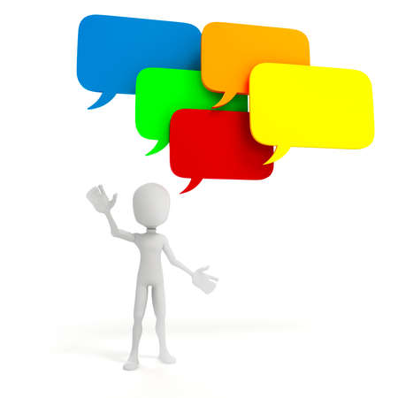3d man and colorful bubble talk, on white background