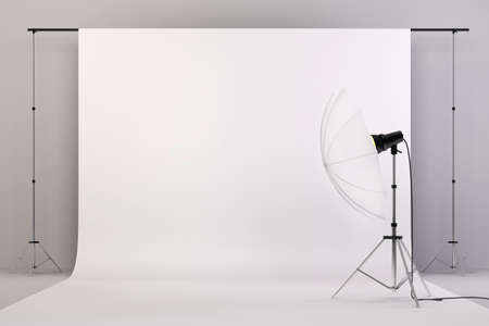3d studio setup with lights and white backgroundの写真素材