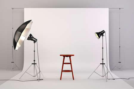 3d studio setup with lights, a wooden chair and white background