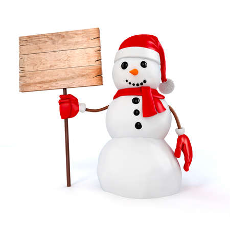 3d happy snowman holding a wooden board sign  on white backgroundの写真素材