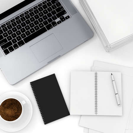 3d top view of an office desk with laptop and documentsの写真素材