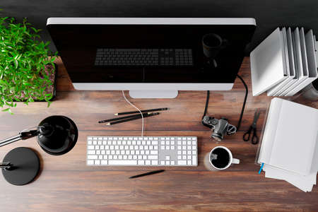 3d modern computer workplaceの写真素材